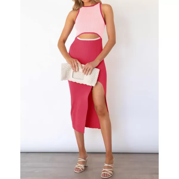 imageZESICA Womens Summer Bodycon Sweater Dress Sleeveless Crew Neck Cut Out Contrast Color Side Slit Pencil DressesWatermelon