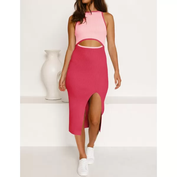 imageZESICA Womens Summer Bodycon Sweater Dress Sleeveless Crew Neck Cut Out Contrast Color Side Slit Pencil DressesWatermelon