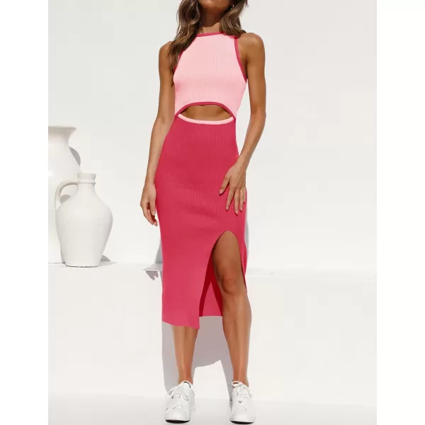 imageZESICA Womens Summer Bodycon Sweater Dress Sleeveless Crew Neck Cut Out Contrast Color Side Slit Pencil DressesWatermelon