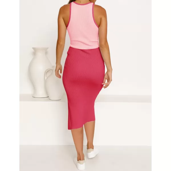 imageZESICA Womens Summer Bodycon Sweater Dress Sleeveless Crew Neck Cut Out Contrast Color Side Slit Pencil DressesWatermelon