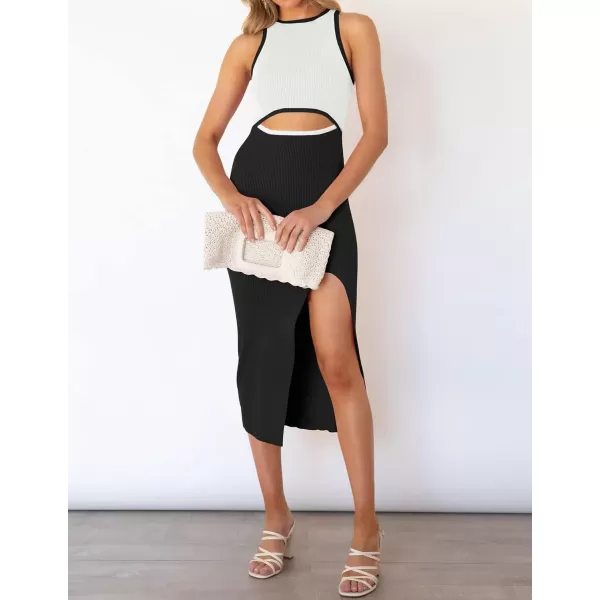imageZESICA Womens Summer Bodycon Sweater Dress Sleeveless Crew Neck Cut Out Contrast Color Side Slit Pencil DressesWhite
