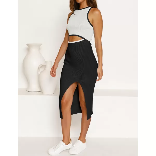 imageZESICA Womens Summer Bodycon Sweater Dress Sleeveless Crew Neck Cut Out Contrast Color Side Slit Pencil DressesWhite