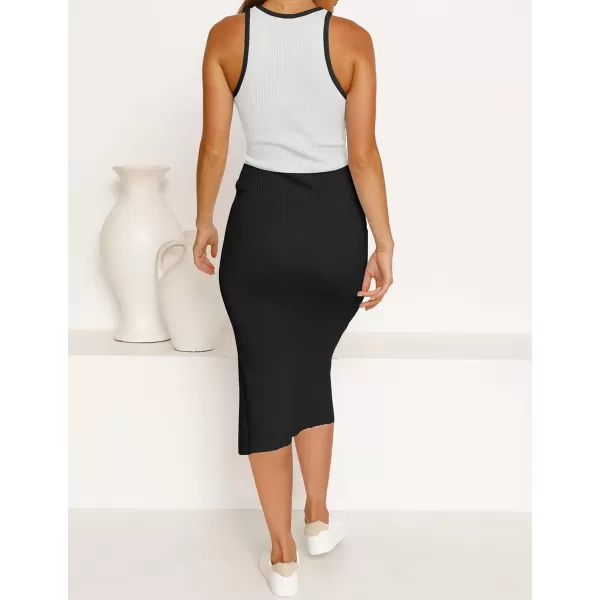 imageZESICA Womens Summer Bodycon Sweater Dress Sleeveless Crew Neck Cut Out Contrast Color Side Slit Pencil DressesWhite
