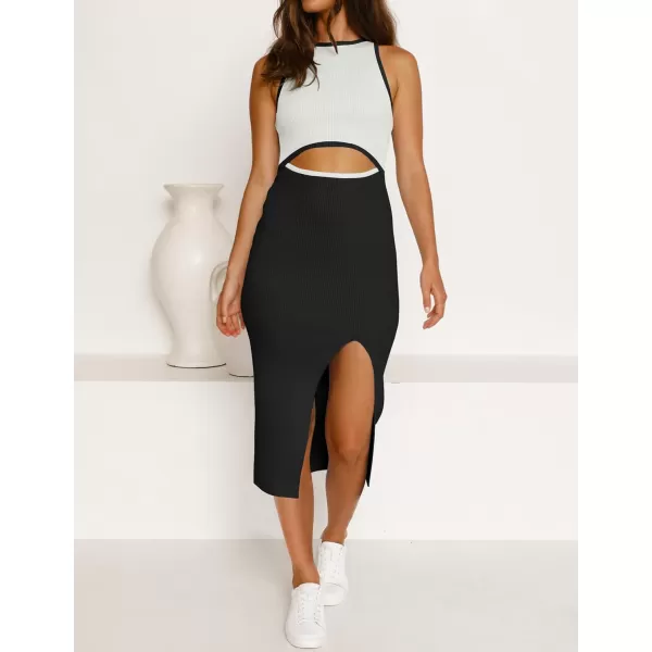imageZESICA Womens Summer Bodycon Sweater Dress Sleeveless Crew Neck Cut Out Contrast Color Side Slit Pencil DressesWhite