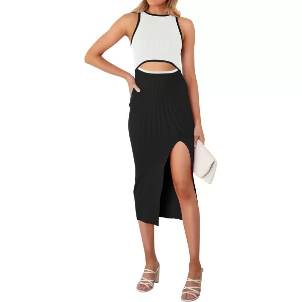 imageZESICA Womens Summer Bodycon Sweater Dress Sleeveless Crew Neck Cut Out Contrast Color Side Slit Pencil DressesWhite
