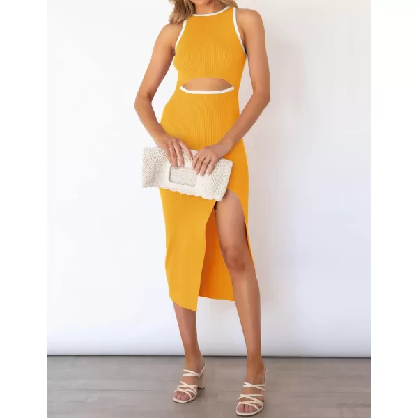 imageZESICA Womens Summer Bodycon Sweater Dress Sleeveless Crew Neck Cut Out Contrast Color Side Slit Pencil DressesYellow