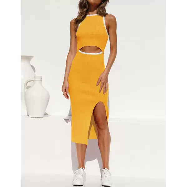 imageZESICA Womens Summer Bodycon Sweater Dress Sleeveless Crew Neck Cut Out Contrast Color Side Slit Pencil DressesYellow
