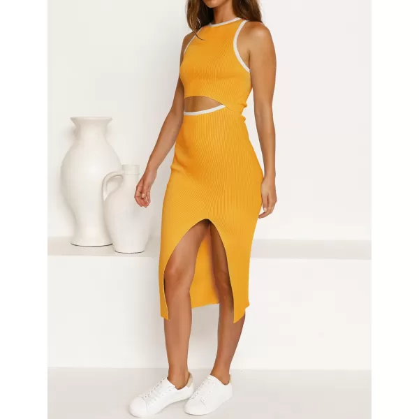imageZESICA Womens Summer Bodycon Sweater Dress Sleeveless Crew Neck Cut Out Contrast Color Side Slit Pencil DressesYellow