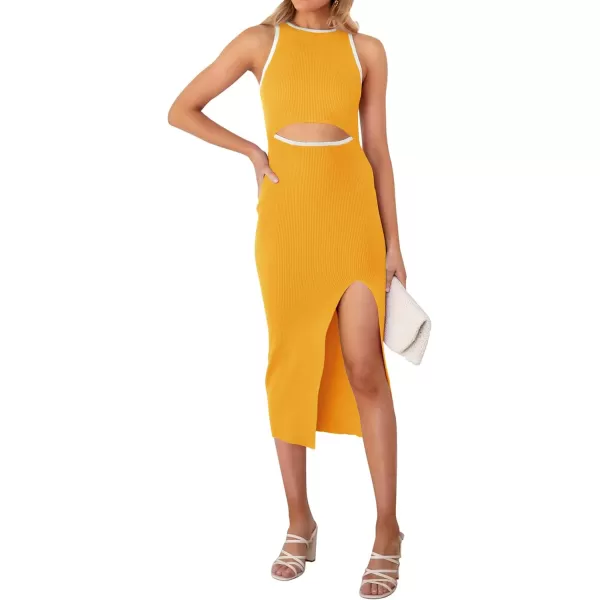 imageZESICA Womens Summer Bodycon Sweater Dress Sleeveless Crew Neck Cut Out Contrast Color Side Slit Pencil DressesYellow
