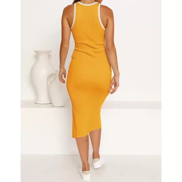 imageZESICA Womens Summer Bodycon Sweater Dress Sleeveless Crew Neck Cut Out Contrast Color Side Slit Pencil DressesYellow