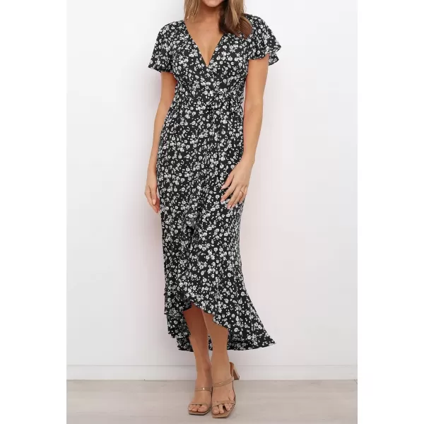 imageZESICA Womens Summer Bohemian Floral Printed Wrap V Neck Beach Party Flowy Ruffle Midi DressBlack