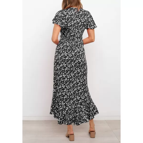 imageZESICA Womens Summer Bohemian Floral Printed Wrap V Neck Beach Party Flowy Ruffle Midi DressBlack