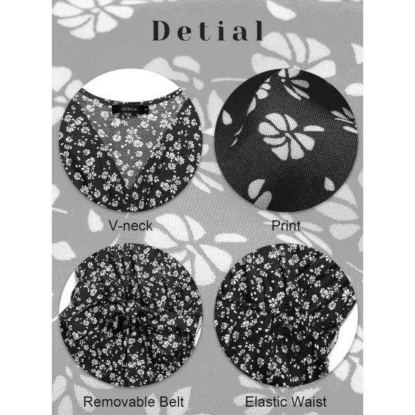 imageZESICA Womens Summer Bohemian Floral Printed Wrap V Neck Beach Party Flowy Ruffle Midi DressBlack