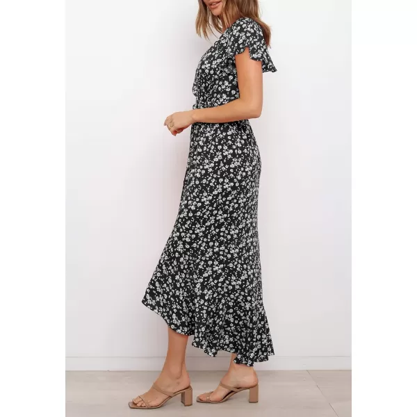 imageZESICA Womens Summer Bohemian Floral Printed Wrap V Neck Beach Party Flowy Ruffle Midi DressBlack