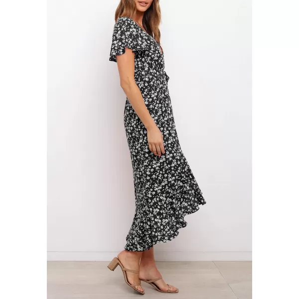 imageZESICA Womens Summer Bohemian Floral Printed Wrap V Neck Beach Party Flowy Ruffle Midi DressBlack