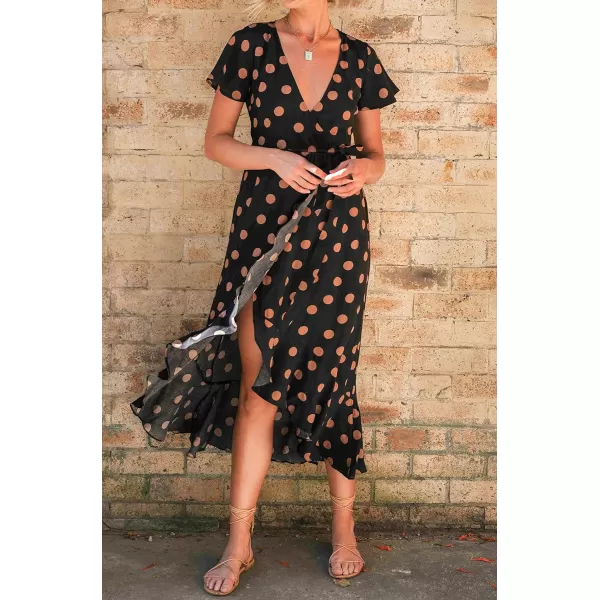 imageZESICA Womens Summer Bohemian Floral Printed Wrap V Neck Beach Party Flowy Ruffle Midi DressBlackdot