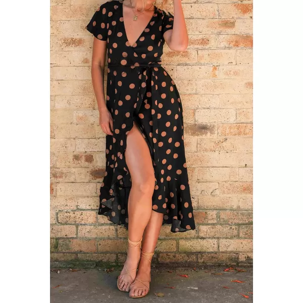 imageZESICA Womens Summer Bohemian Floral Printed Wrap V Neck Beach Party Flowy Ruffle Midi DressBlackdot