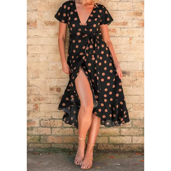 imageZESICA Womens Summer Bohemian Floral Printed Wrap V Neck Beach Party Flowy Ruffle Midi DressBlackdot