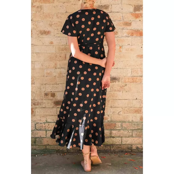 imageZESICA Womens Summer Bohemian Floral Printed Wrap V Neck Beach Party Flowy Ruffle Midi DressBlackdot
