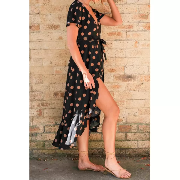 imageZESICA Womens Summer Bohemian Floral Printed Wrap V Neck Beach Party Flowy Ruffle Midi DressBlackdot