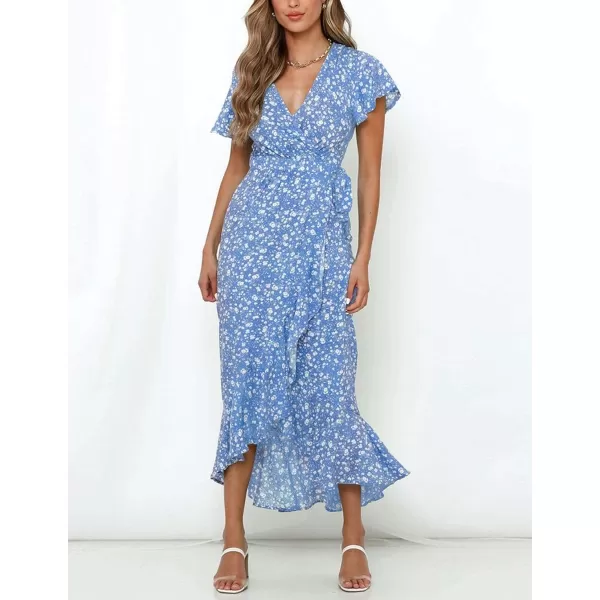 imageZESICA Womens Summer Bohemian Floral Printed Wrap V Neck Beach Party Flowy Ruffle Midi DressBlue