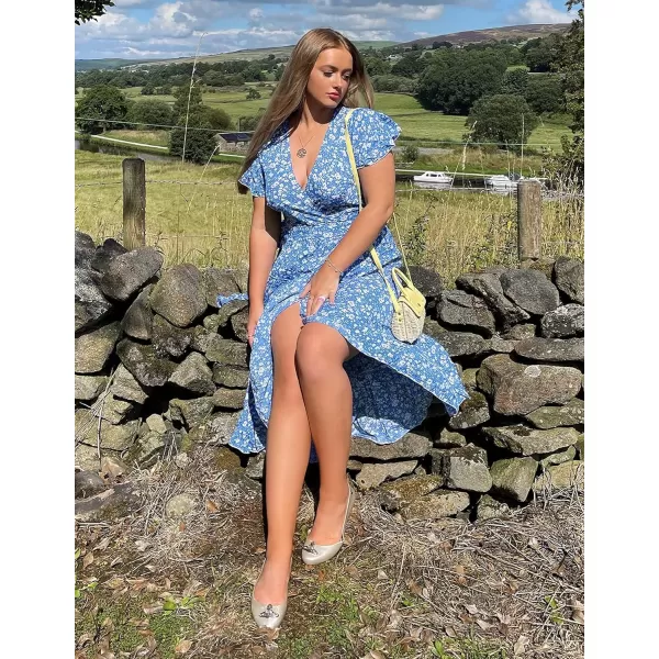 imageZESICA Womens Summer Bohemian Floral Printed Wrap V Neck Beach Party Flowy Ruffle Midi DressBlue