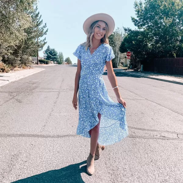 imageZESICA Womens Summer Bohemian Floral Printed Wrap V Neck Beach Party Flowy Ruffle Midi DressBlue