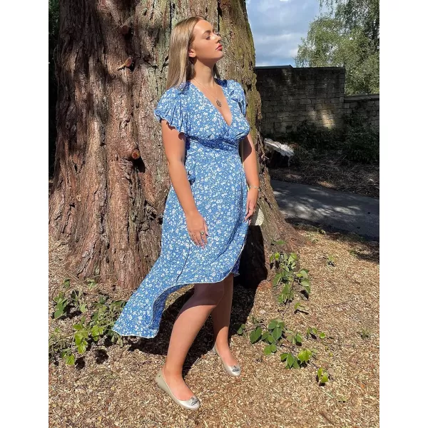 imageZESICA Womens Summer Bohemian Floral Printed Wrap V Neck Beach Party Flowy Ruffle Midi DressBlue