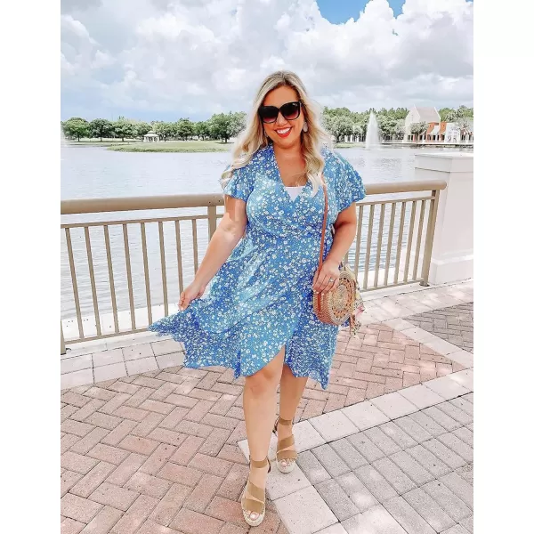 imageZESICA Womens Summer Bohemian Floral Printed Wrap V Neck Beach Party Flowy Ruffle Midi DressBlue