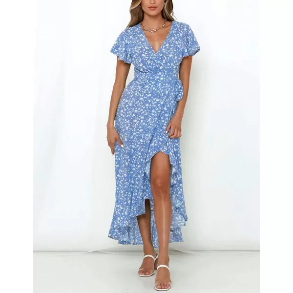 imageZESICA Womens Summer Bohemian Floral Printed Wrap V Neck Beach Party Flowy Ruffle Midi DressBlue