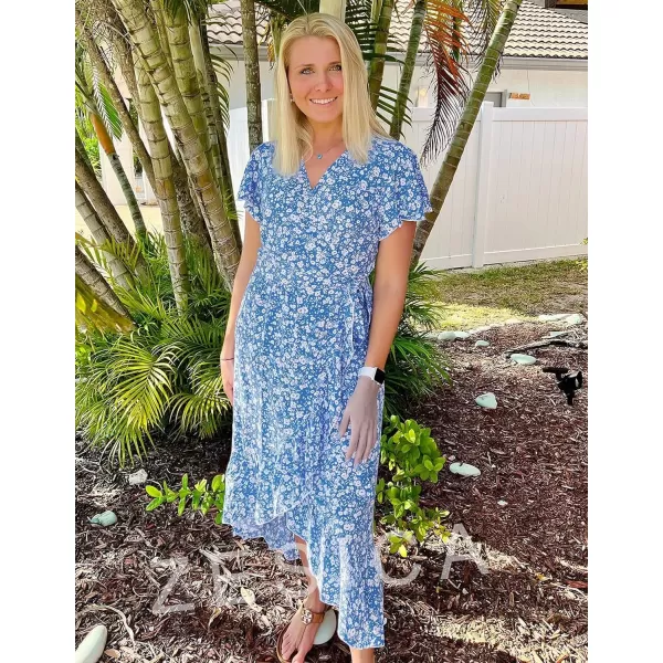 imageZESICA Womens Summer Bohemian Floral Printed Wrap V Neck Beach Party Flowy Ruffle Midi DressBlue
