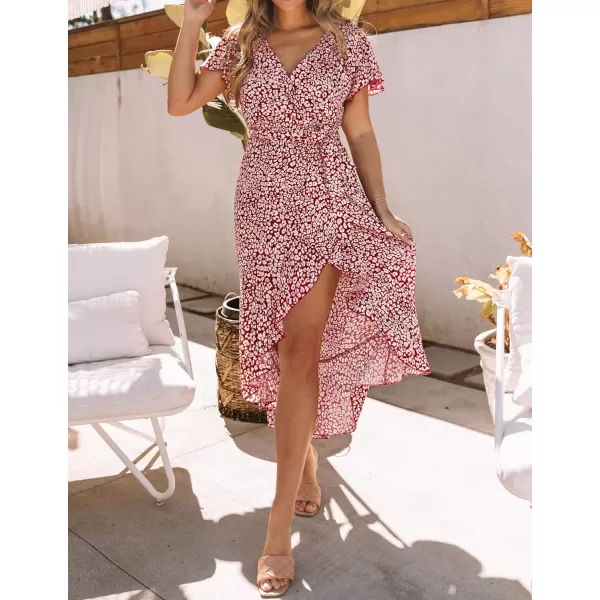 imageZESICA Womens Summer Bohemian Floral Printed Wrap V Neck Beach Party Flowy Ruffle Midi DressBurgundy