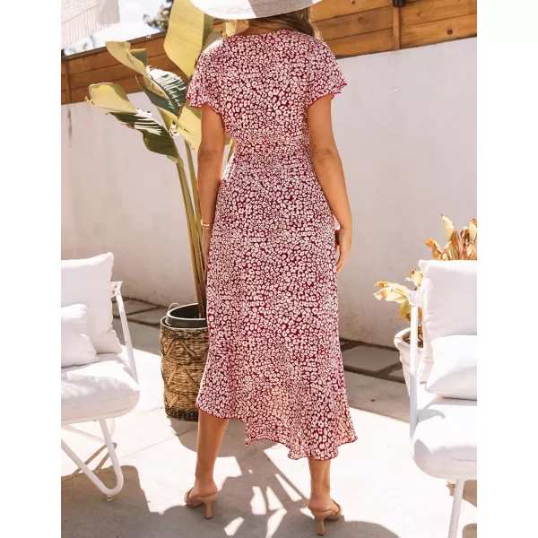 imageZESICA Womens Summer Bohemian Floral Printed Wrap V Neck Beach Party Flowy Ruffle Midi DressBurgundy