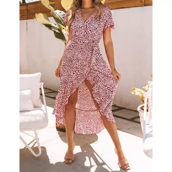 imageZESICA Womens Summer Bohemian Floral Printed Wrap V Neck Beach Party Flowy Ruffle Midi DressBurgundy