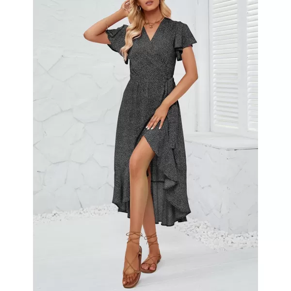 imageZESICA Womens Summer Bohemian Floral Printed Wrap V Neck Beach Party Flowy Ruffle Midi DressCharcoal