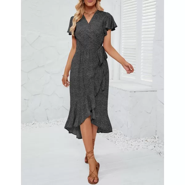 imageZESICA Womens Summer Bohemian Floral Printed Wrap V Neck Beach Party Flowy Ruffle Midi DressCharcoal