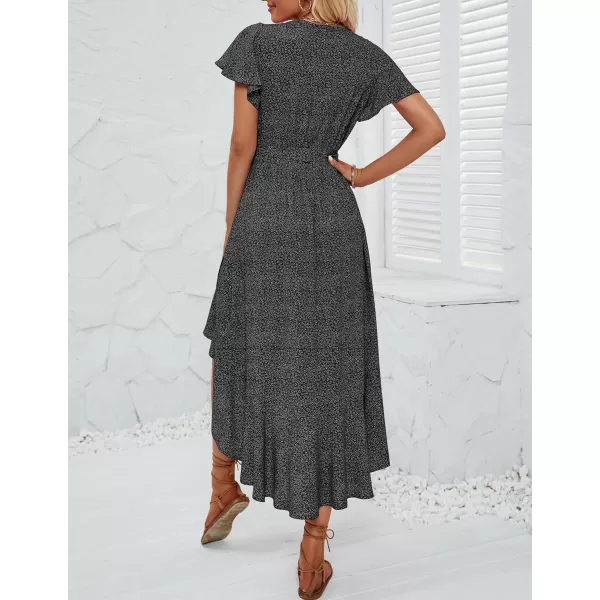 imageZESICA Womens Summer Bohemian Floral Printed Wrap V Neck Beach Party Flowy Ruffle Midi DressCharcoal