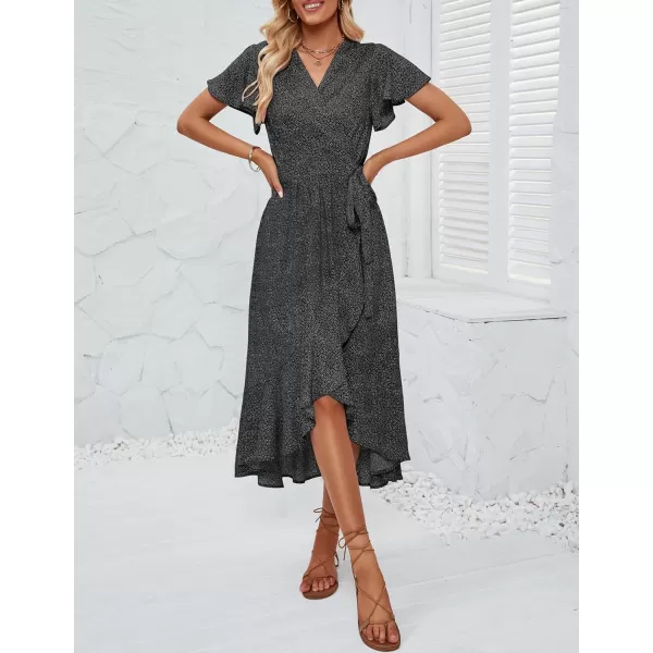 imageZESICA Womens Summer Bohemian Floral Printed Wrap V Neck Beach Party Flowy Ruffle Midi DressCharcoal
