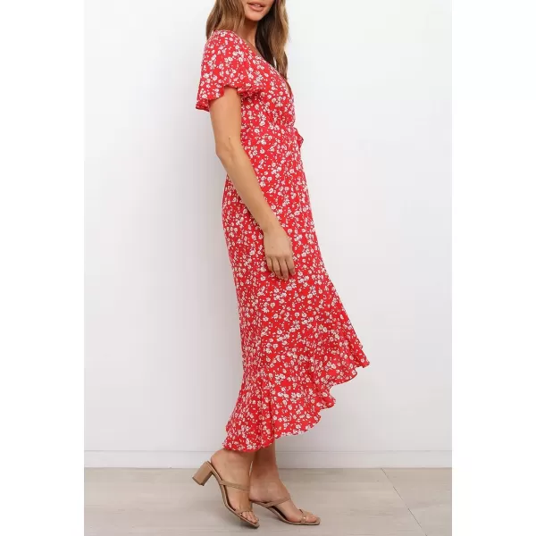 imageZESICA Womens Summer Bohemian Floral Printed Wrap V Neck Beach Party Flowy Ruffle Midi DressCherry
