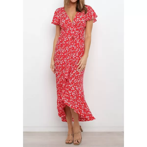 imageZESICA Womens Summer Bohemian Floral Printed Wrap V Neck Beach Party Flowy Ruffle Midi DressCherry