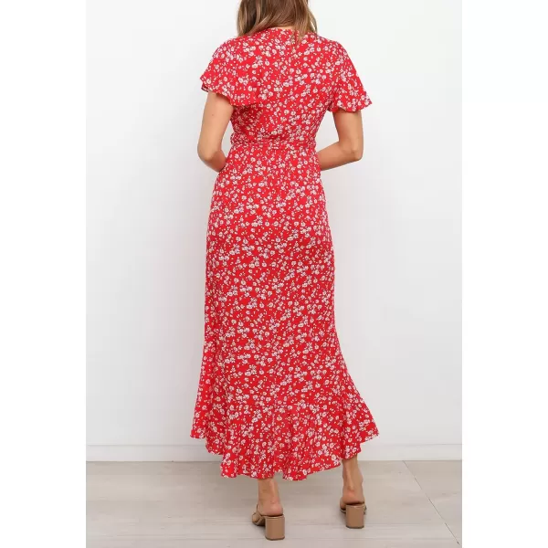 imageZESICA Womens Summer Bohemian Floral Printed Wrap V Neck Beach Party Flowy Ruffle Midi DressCherry