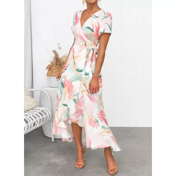 imageZESICA Womens Summer Bohemian Floral Printed Wrap V Neck Beach Party Flowy Ruffle Midi DressContrastwhite