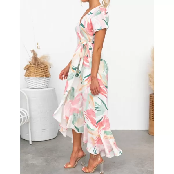 imageZESICA Womens Summer Bohemian Floral Printed Wrap V Neck Beach Party Flowy Ruffle Midi DressContrastwhite