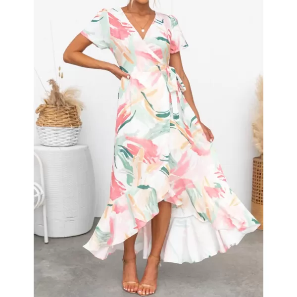 imageZESICA Womens Summer Bohemian Floral Printed Wrap V Neck Beach Party Flowy Ruffle Midi DressContrastwhite