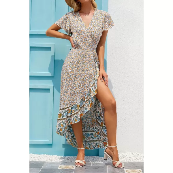 imageZESICA Womens Summer Bohemian Floral Printed Wrap V Neck Beach Party Flowy Ruffle Midi DressCream