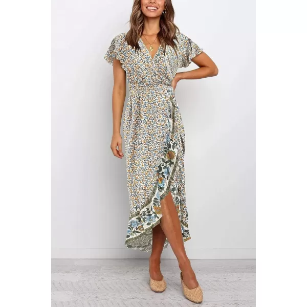 imageZESICA Womens Summer Bohemian Floral Printed Wrap V Neck Beach Party Flowy Ruffle Midi DressCream