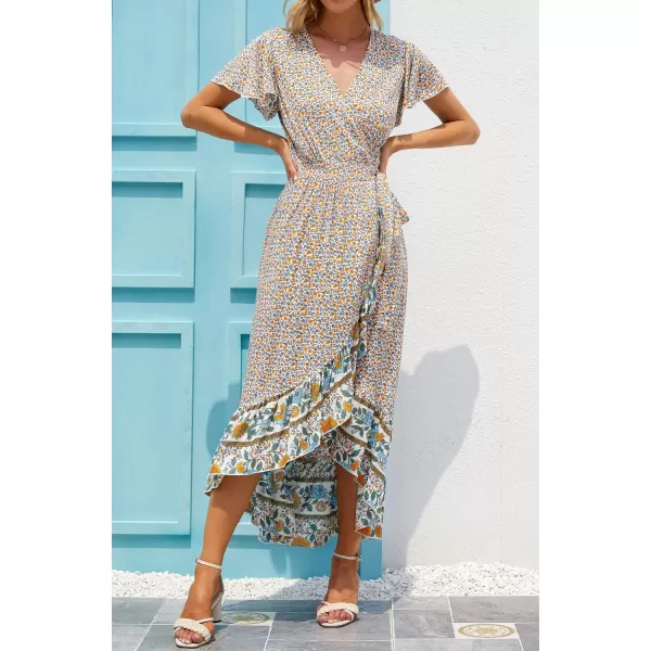 imageZESICA Womens Summer Bohemian Floral Printed Wrap V Neck Beach Party Flowy Ruffle Midi DressCream