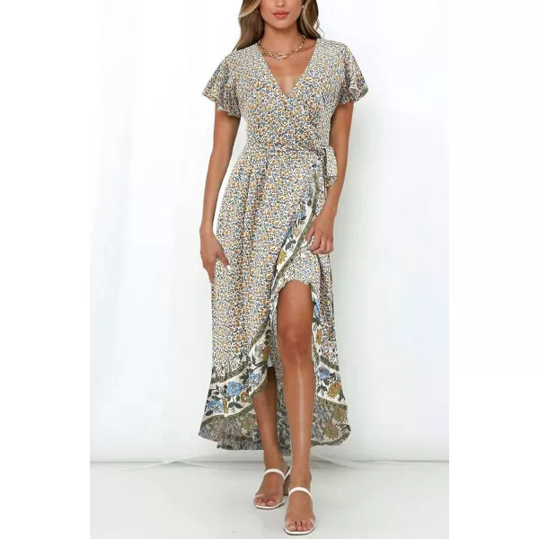 imageZESICA Womens Summer Bohemian Floral Printed Wrap V Neck Beach Party Flowy Ruffle Midi DressCream