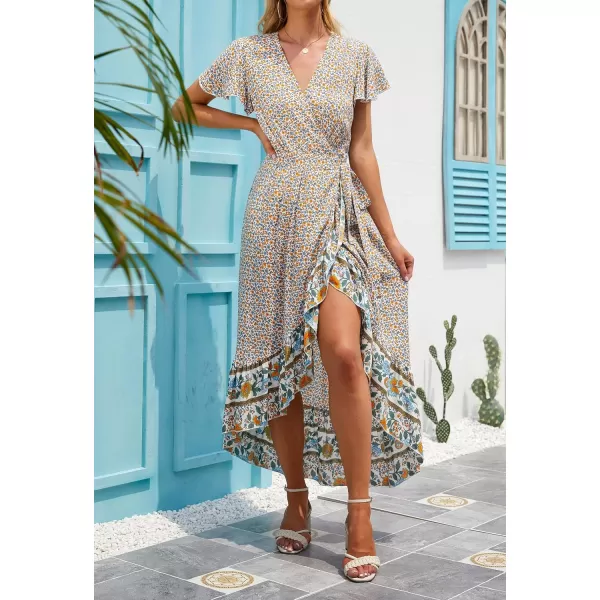 imageZESICA Womens Summer Bohemian Floral Printed Wrap V Neck Beach Party Flowy Ruffle Midi DressCream
