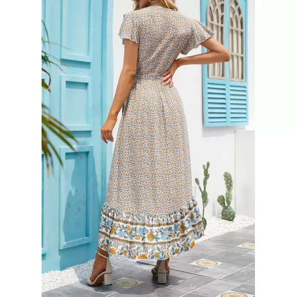 imageZESICA Womens Summer Bohemian Floral Printed Wrap V Neck Beach Party Flowy Ruffle Midi DressCream